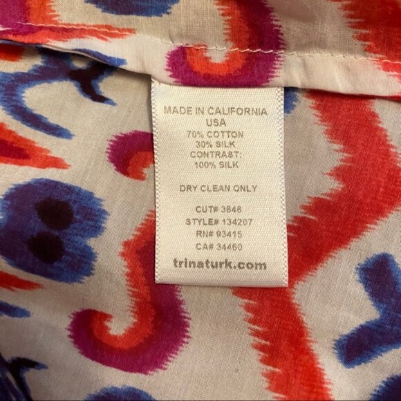 TRINA TURK TOP BLOUSE WHITE BLUE MULTI COLOR BOHO TRIBAL Size S - Picture 7 of 7